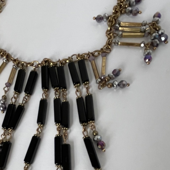 Bib Necklace Black Beads Dangle Drops Rhinestone Crystal Waterfall Bib - Picture 2 of 8